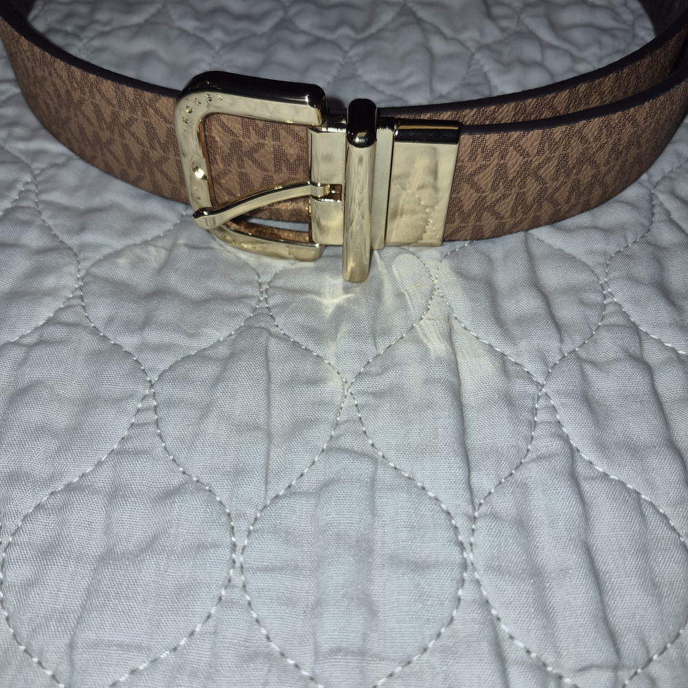 Michael Kors Brown Logo Monogram Belt with Gold Buckle
